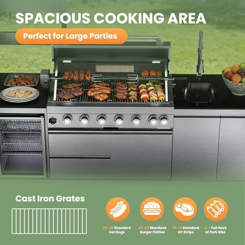 108" Outdoor Kitchen Island Crafted from Stainless Steel,6-Burner 85,000 BTU Propane Grill,Rotisserie Oven,Galvanized Steel Roof,Granite Countertops,Refrigerator,Storage Cabinets,Sink.(Propane Gas) - Image 6
