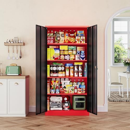 Letaya Metal Storage Cabinets with Lock, 72" Tall Locker Organizer Steel Cabinets, Adjustable Layers Shelves 2 Doors for Home, Office, Warehouse,Garage(Black Red) - Image 6
