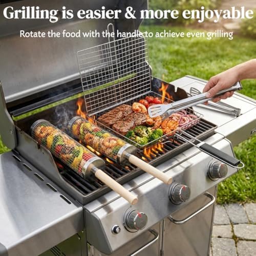 2 PCS Rolling Grill Basket with Wooden Handle and Fish Grill Basket - Image 2
