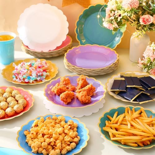 96 Pcs Boho Rainbow Paper Plates 9 Inch Colorful Scalloped Paper Plates Disposable Dinner Dessert for Birthday Wedding Bridal Party Supplies, 6 Colors - Image 6