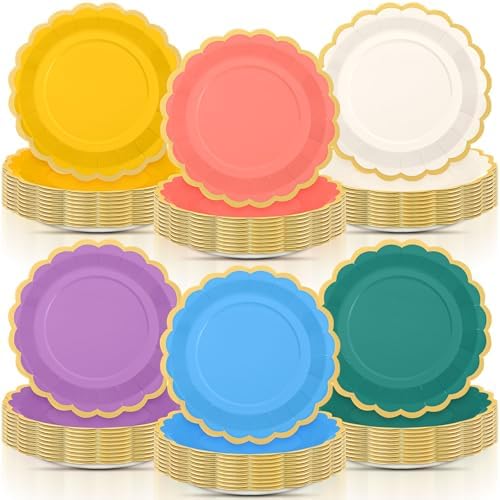 96 Pcs Boho Rainbow Paper Plates 9 Inch Colorful Scalloped Paper Plates Disposable Dinner Dessert for Birthday Wedding Bridal Party Supplies, 6 Colors by Tiangrid