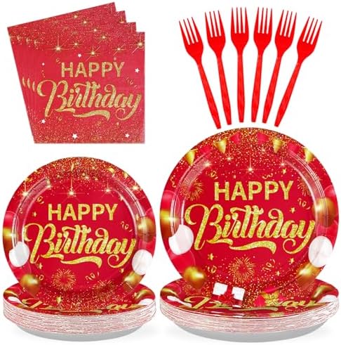 Grencian 96PCS Red and Gold Happy Birthday Decorations, Serves 24 by Grencian