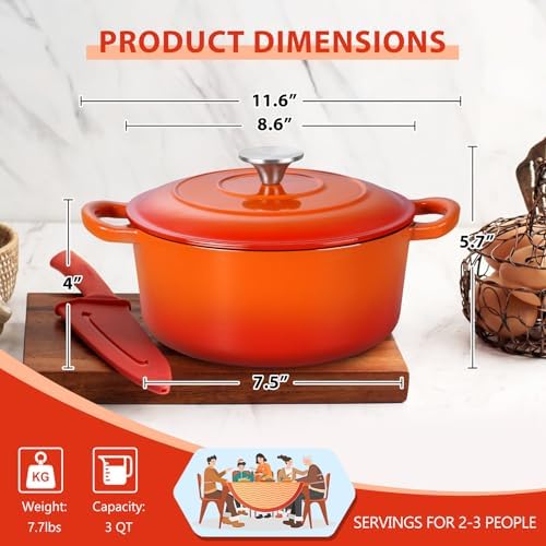 E-far 3 Qt Enameled Cast Iron Dutch Oven with Lid, Small Round Nonstick Dutch Oven Pot for Bread Baking Braising Stews Roasting Cooking, Heavy Duty, Induction & Oven Safe - Orange - Image 2