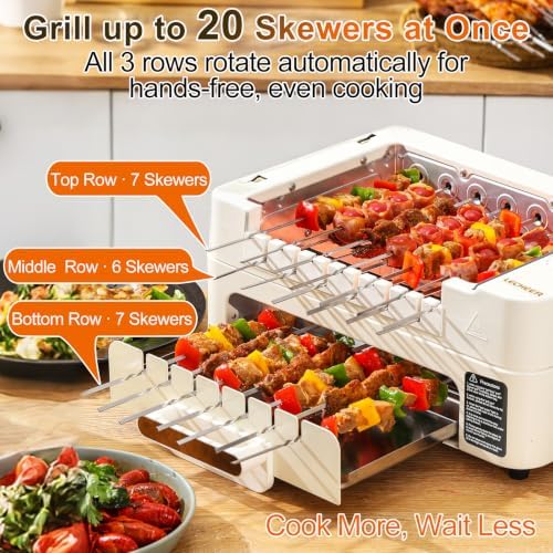 Electric Indoor Grill Smokeless BBQ grill Cooker for BBQ Party 1000W 20-Skewer Capacity,4-in-1 Nonstick Removable Grill Plate with Lid and Auto-Rotating Kabob Skewers adjustable Temperature - Image 3