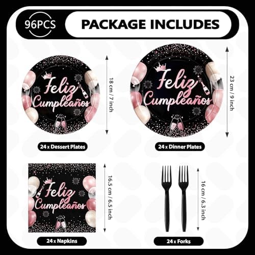 96Pcs Feliz Cumpleaños Black and Pink Decorations for Girls Women Serves 24 - Image 2