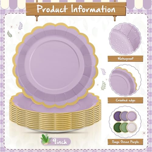 48 Pcs Sage Green Purple Paper Plates 9 Inch Scalloped - Image 4