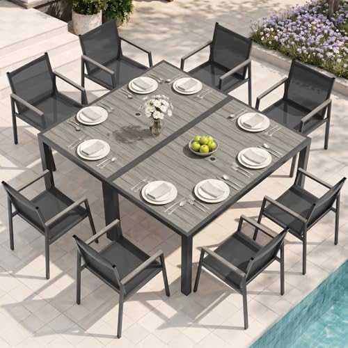 Outdoor Dining Set for 8, Aluminum Patio Table and Chairs Set, 10-Piece All Weather Patio Dining Furniture Set with Umbrella Hole for Backyard, Deck, Poolside (Gray) by Oasbira
