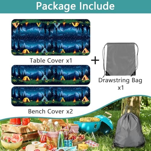 Camping Picnic Table Cover with Bench Covers, Camping Essentials, Forest Campfire Tent Flowers Outdoor Table Covers, Waterproof Windproof, Fitted Tablecloth Cover with Elastic Edge, 3 PCS, 30x60 Inch - Image 7