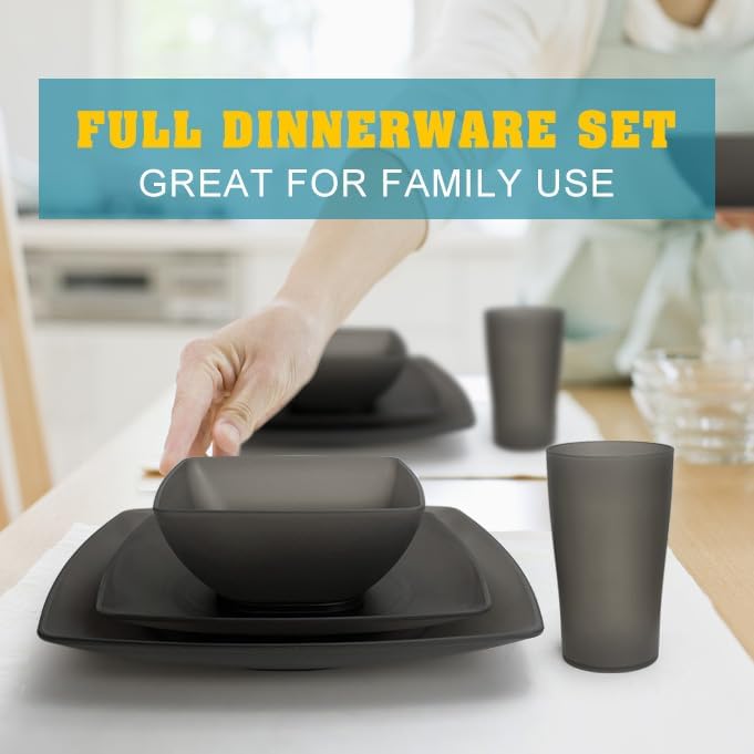 Teivio 32-piece Plastic Wheat Straw Square Dinnerware Set for 8, Unbreakable Dinner Plates, Salad Plates, Snack Bowls, Tumblers 13.5 oz, Dishwasher Safe, Clear Black - Image 4
