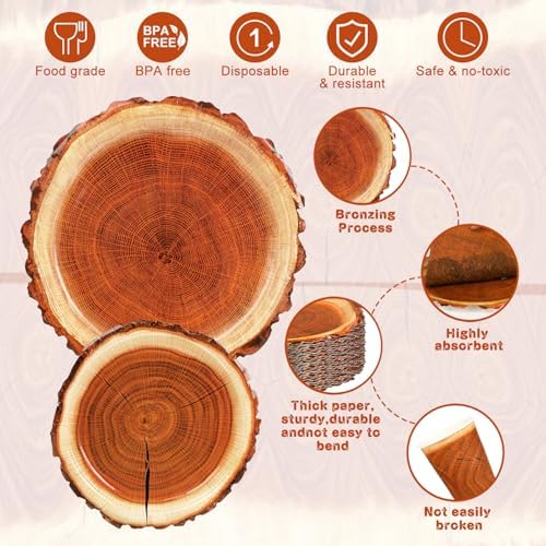 400 Pieces Camping Wood Grain Slice Party Supplies Set Paper Plate Cup Napkin for Camping Woodland Baby Shower Lumberjack Birthday Featuring a Round Wooden Slice Die Cut Edge Design Serve 50 - Image 3