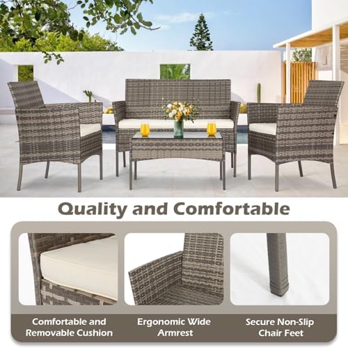 FDW 4-Piece Patio Furniture Set | Gray & Khakhi | Outdoor Wicker Furniture - Image 6