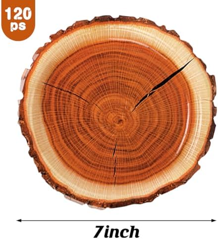 120 Pcs Rustic Wood Grain Dessert Paper Plate 7" Natural Farmhouse Wood Slice Paper Dessert Plates Camping Wood Grain Slice Service Trays for Camping Hunting Lumberjack Birthday Party Supplies - Image 2