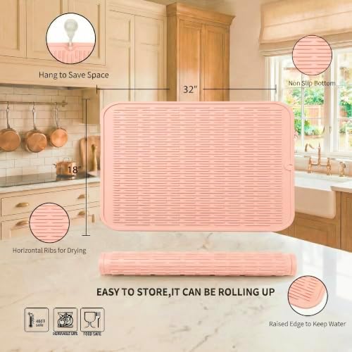 MicoYang Silicone Dish Drying Mat for Multiple Usage,Easy clean,Eco-friendly,Heat-resistant Silicone Mat for Kitchen Counter or Sink,Refrigerator or Drawer Liner Pink 4XL 32 inches x 18 inches - Image 2