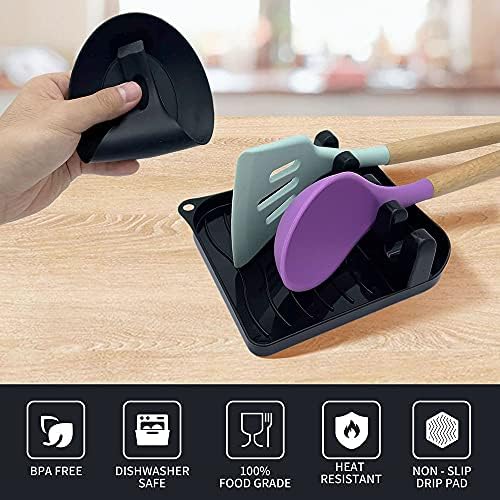 2 Pack Multiple Utensil Spoon Rest with Drip Pad Non-Slip Heat Resistant Kitchen and Grill Spoon Holder for Spatula, Ladle, Tongs, Kitchen Gadgets, and Cooking Accessories (Bright Black) - Image 3
