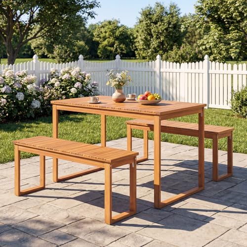 Tangkula 3 Pieces Patio Wooden Dining Set, Acacia Wood Rectangular Picnic Beer Table with 2 Benches for 4 People, Outdoor Dinner Furniture Set for Backyard, Garden and Poolside by TANGKULA