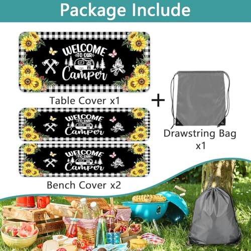 Sunflower Plaid Picnic Table Cover with Bench Covers and Bag, Camping Essentials, Checkered Floral Waterproof Windproof, Fitted Tablecloth Cover with Elastic Edge, Garden & Outdoor, 3 PCS, 30x72 Inch - Image 7