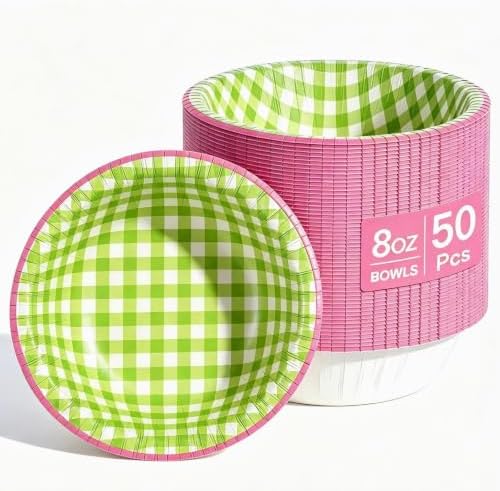 Paper Bowls 8 oz, Disposable Small Paper Bowls, Soak Proof, Cut Proof, Microwave Safe, Heavy Duty Green Gingham Small Disposable Bowls for Desserts, Snacks, Ice Creams, Party Supplies by DTFMZOV