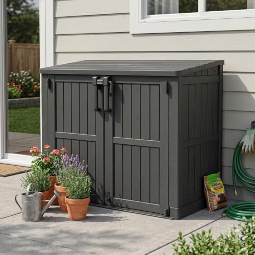 Plastic Outdoor Storage Shed, 37 Cu Ft Weatherproof Outdoor Storage Box with Double Lockable Door, All-Weather Resin Storage Cabinet for Patio, Backyard, Lawn, Garage and Poolside,Wood-Grain (Black) by WTFGO