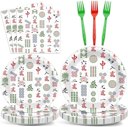 96PCS Mahjong Party Paper Plates and Napkins Mahjong Party Decorations Mah Jong Disposable Tableware Dinnerware Set for Mah-jong Birthday Gatherings Decorations by Oitnlaughter