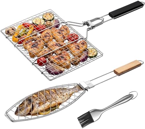 Didaey 3 Pcs Fish Grilling Basket Set 2 Sizes Stainless Steel BBQ Grill Baskets and a Silicone Basting Brush Foldable Handle and Lockable Design for Outdoor BBQ Camping Grills Father's Day Gift by Didaey