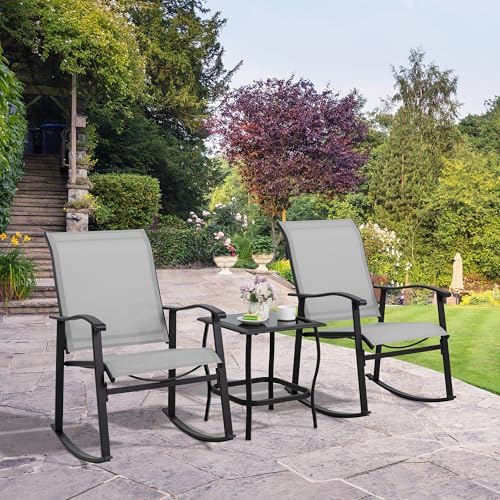 Shintenchi 3 Piece Rocking Bistro Set, Outdoor Furniture with Rocker Chairs and Glass Coffee Table Set of 3, Balcony, Porch Furniture for Small Space, Light Gray - Image 7