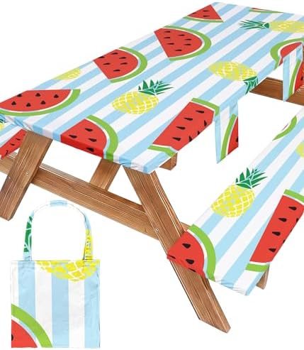 Picnic Table Cover with Bench Covers Waterproof Elastic Rectangle Tablecloth Camper Essentials Supplies Rv Car Travel Gear Must Haves Accessories Fitted Table Cloth Outdoor Road Trip Camping Gifts 6ft by Wrakus