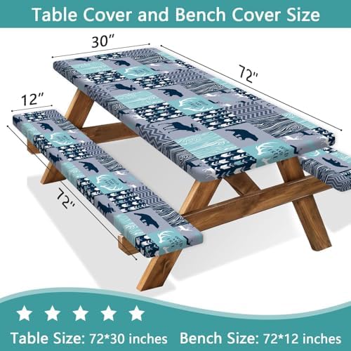 Picnic Table Cover with Bench Covers, Camping Essentials, Rustic Cabin Deer Bear Stripes Waterproof Windproof Patio Table Cover, Fitted Tablecloth Cover with Elastic Edge for Outdoor 3 PCS 30x72 Inch - Image 3