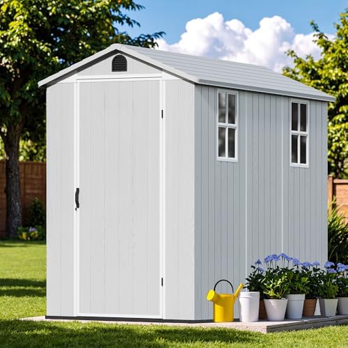Devoko 4×8 FT Resin Outdoor Storage Shed with Floor, Light Grey - Image 6