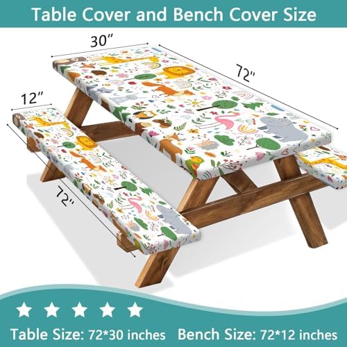 Picnic Table Cover with Bench Covers, Camping Essentials, Jungle Animal Cute Waterproof Windproof Camping Tablecloth, Fitted Tablecloth Cover with Elastic Edge for Indoor Outdoor 30x72 Inch - Image 3