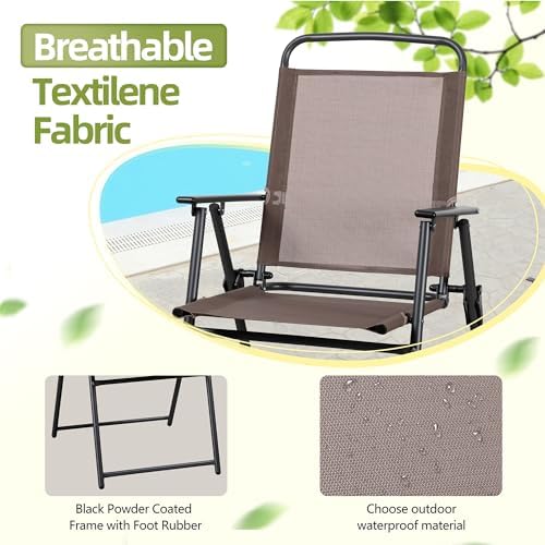 Vongrasig 6 Pieces Folding Patio Dining Set, All Weather Small Metal Outdoor Table and Chairs Set, Patio Furniture Set w/Umbrella, Glass Table & 4 Folding Chairs for Garden, Lawn, Backyard, Brown - Image 3
