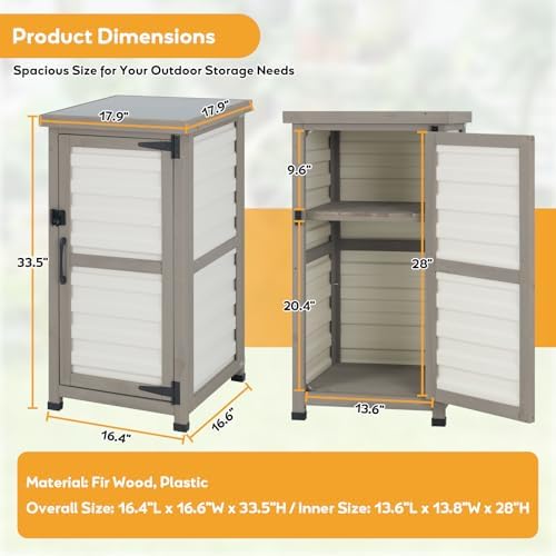 PetsCosset Small Outdoor Storage Cabinet, Wood & Plastic Potting Bench Table Tool Organizer for Patio Backyard Garden, Metal Top, Adjustable Shelf, Corner Storage for Narrow Spaces - Image 2