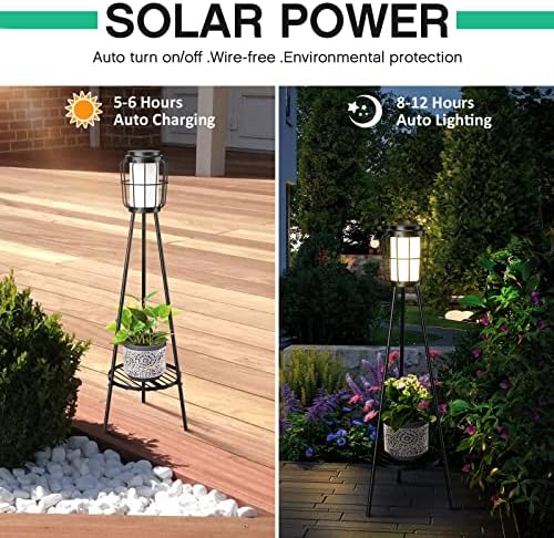 VISFLAIR 2 Pack Solar Lights with Plant Stand, Outdoor Floor Lamps, Waterproof Solar Powered Floor Lamps for Patio Deck Porch Yard Garden Decor - Image 2