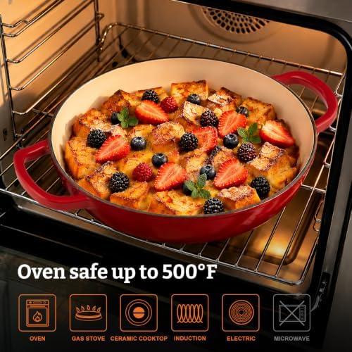 Parmedu Cast Iron Dutch Oven, 3.8 Quart, Red, Shallow Braiser & Casserole - Image 6
