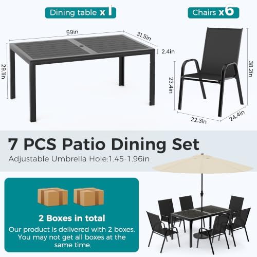 Pamapic Outdoor Dining Sets for 6, Rectangular Steel Slat Table with 6 Textilene Chairs, 7 Piece Patio Table and Chairs Set with Umbrella Hole for Patio, Backyard, Poolside (Black, No Umbrella) - Image 2