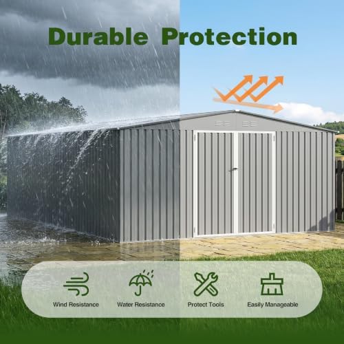 14 x 12 FT Outdoor Storage Shed, Heavy-Duty Galvanized Steel Tool Shed with Reinforced Frame, 2Magnetic Light, Lockable Double Door & Side Vents for Backyard Large Equipment, Gray - Image 7