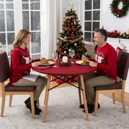 LUSHVIDA Round Tablecloth, Fitted Table Cloth for 45"-56" Tables, Red - Image 2