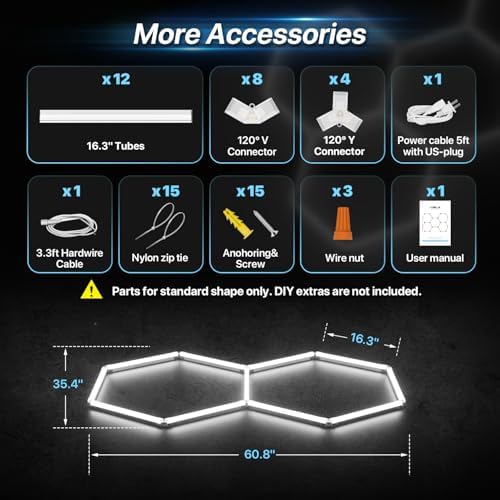 HYPERLITE Gen II Hexagon Garage Lights: 77W 7700LM 2 Grids DIY Hexagon Led Light, 6500K Ultra Bright Honeycomb Hex Lights, Easy Install, Durable Design for Garage, Shop, Basement, Barber, Homegym - Image 6