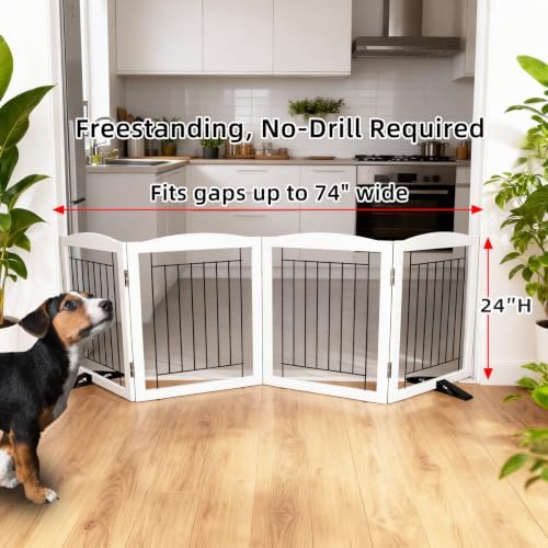 ZJSF Freestanding Dog Fence Indoor, Foldable Dog Gate for Doorways, Stairs or Hallways, Sturdy Wood Extra Wide Pet Gate with Support Feet for The House, White, 24 "Height-4 Panels - Image 2