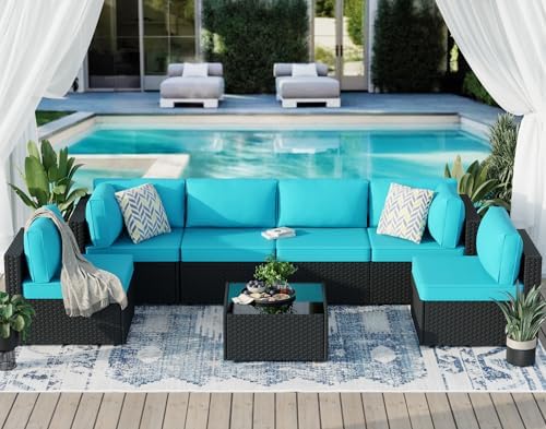 JAMFLY 7-Piece Outdoor Patio Furniture Set, Modular PE Rattan Sectional Sofa with Thick Cushions & Glass Coffee Table, Weather-Resistant Wicker Conversation Set for Poolside, Balcony, Garden, Blue - Image 3