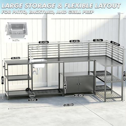 LEVELEVE Modular Outdoor Kitchen Island 5-Piece Set, Aluminum Outdoor Prep Station Grill Cart with Independent Sink, Storage Cabinets & Shelves for Backyard Patio Deck - Image 2