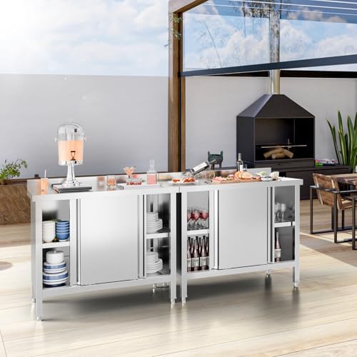 ROVSUN Stainless Steel Table with Cabinet 39" x 19",Commercial Pre Table with Backsplash, Heavy Duty with 2 Sliding Doors, Large Space Storage for Kitchen Restaurant Hotel Garage Warehouse - Image 6