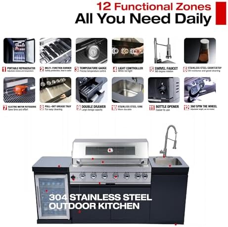 82-Inch 6-Burner Natural Gas Outdoor Kitchen Grill Island - 85000 BTU Stainless Steel BBQ, Refrigerator, Rotisserie, Stainless Countertops, Storage Cabinets/Drawers, For Patio, Lawn, Backyard, Black - Image 3