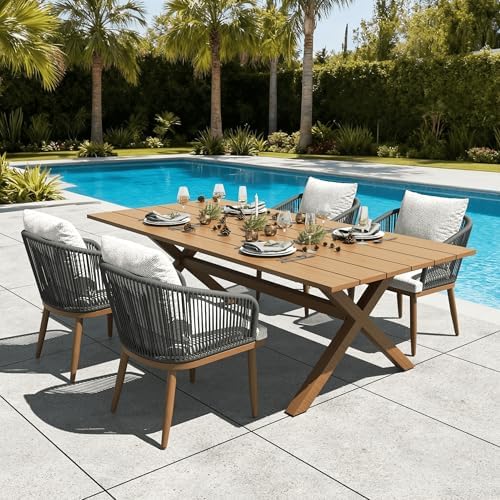 LayinSun 5 Pieces Outdoor Patio Dining Set, Aluminium Rectangular Dining Table and Wicker Rattan Chairs Set for Outside Backyard, Poolside by LayinSun
