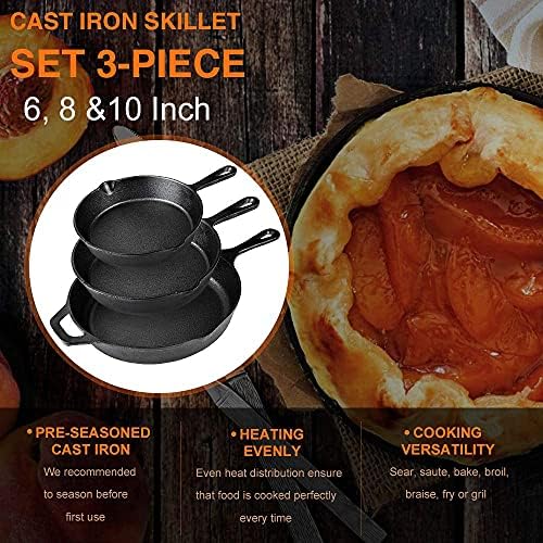 Suteck Cast Iron Skillets 3-Piece Set, 6", 8" & 10" Pre-Seasoned Pan Set - Image 3