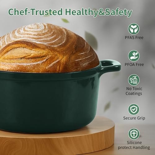 Enamel Cast Iron Dutch Oven with Lid, Round Casserole Pot for Bread Baking, Braising, Roasting, and Stews, Heavy-Duty, Oven Safe, Induction Compatible (4.7QT,Green) - Image 6