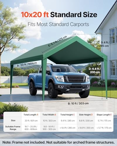 VEVOR Carport Replacement Canopy, 10 x 20 ft Potable Garage Tent Top Tarp, UV-Resistant & Waterproof Car Shelter Tarp, Heavy Duty Car Port Cover with Ball Buggees, Dark Green, Frame Not Included - Image 2
