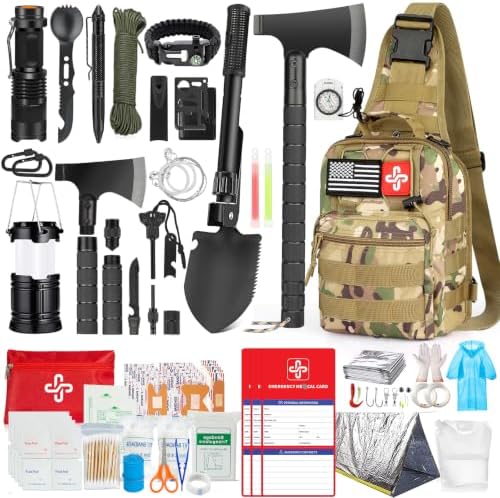 Survival Kit, 262Pcs Survival Gear and Supplies with First Aid Kit Pouch and Crossbody Bag, Emergency Kit with Tent, Camping Axe Hammer, Survival Shovel w/Pick, Bug Out Bag Gifts for Men Women by RIKOJUXI