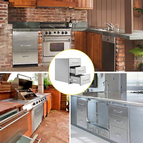 Outdoor Kitchen Drawers 14" W x 21"H x 21"D Stainless Steel Drawer Flush Mount Triple BBQ Drawers with Chrome Handle for Outdoor Kitchen Island, Patio Grill Station - Image 6