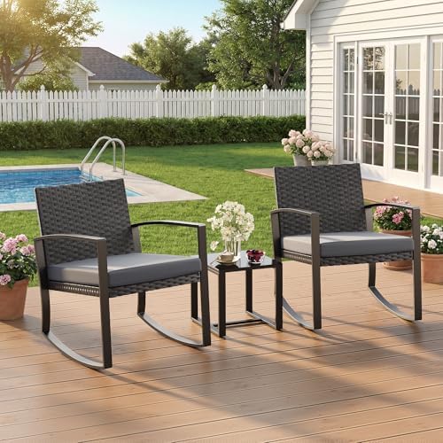 Qsun 3 Pieces Patio Furniture Set Rocking Bistro Set Outdoor Rattan Conversation with Coffee Table for Garden Balcony Backyard Poolside (Grey Cushion) - Image 7