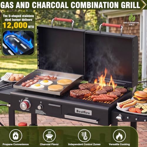 Bestfire Dual Fuel Gas & Charcoal Grill Combo, 327 Sq.In Propane Flat Top Griddle w/Cast Iron Griddle, Dual Lids, Side Shelves, Outdoor Griddle for Small Gatherings & Cookouts - Image 3